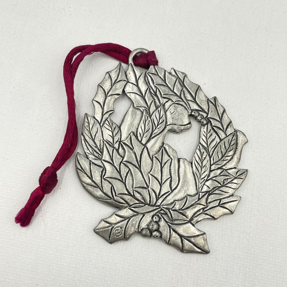 Vintage 90s Silver Tone Rose Flower Wreath Christmas Ornament Pendant Jewelry